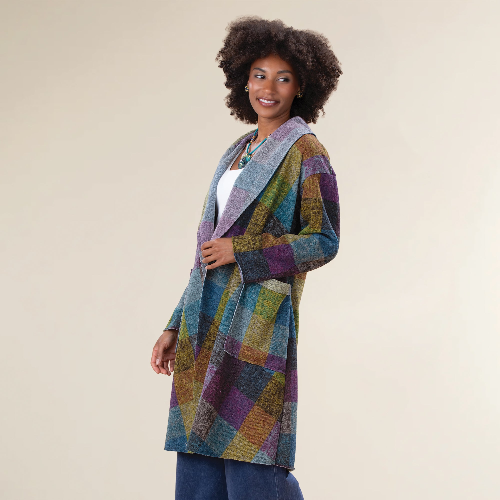 Cozy Jewel-Toned Plaid Open Front Jacket