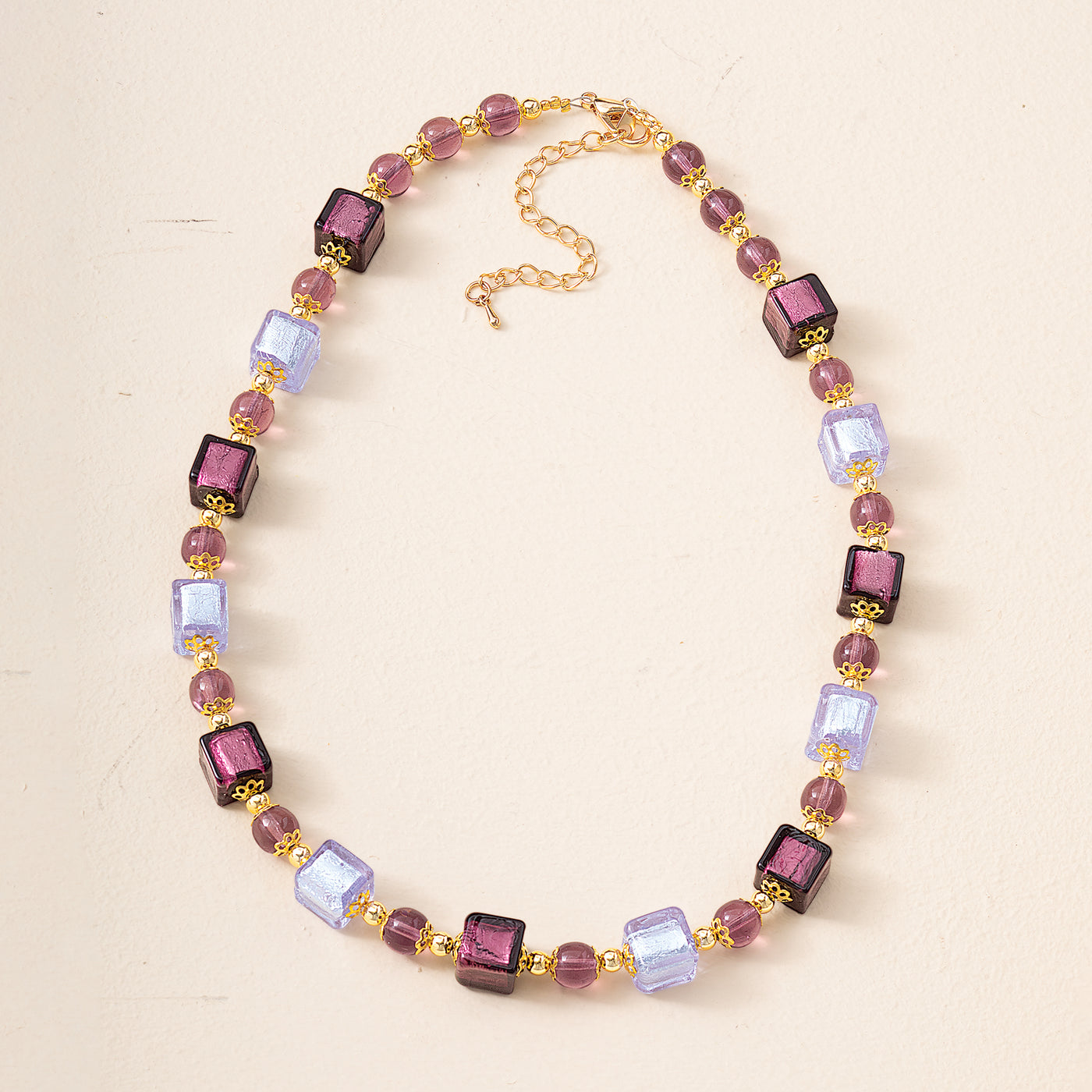 Murano Glass Luminous in Lavender Cube Bead Necklace