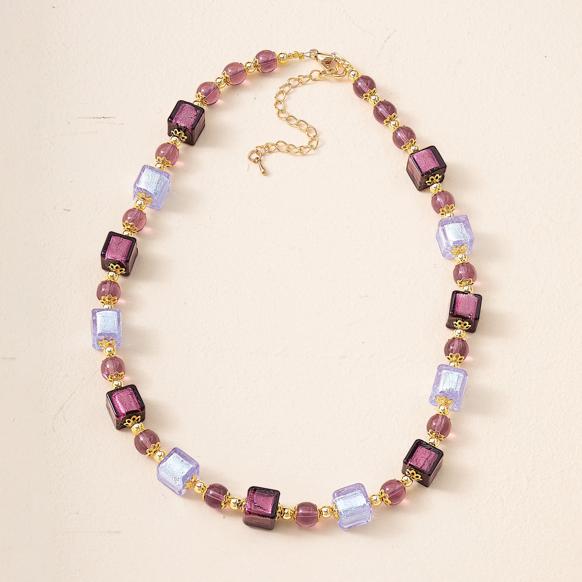 Murano Glass Luminous in Lavender Cube Bead Necklace
