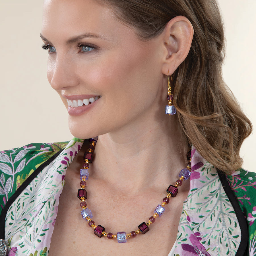 Murano Glass Luminous in Lavender Cube Bead Necklace