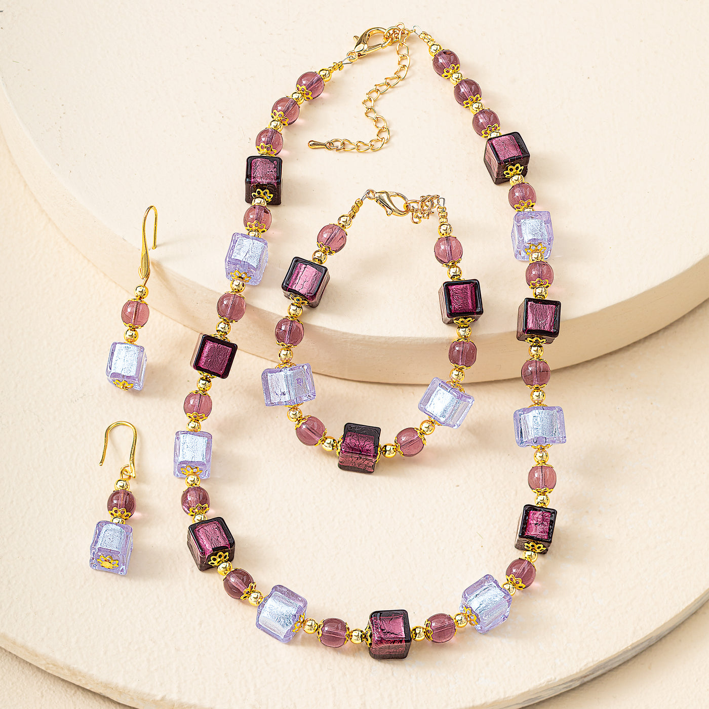 Murano Glass Luminous in Lavender Cube Bead Bracelet