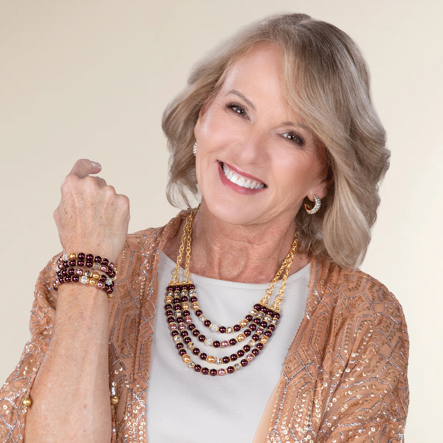 Murano Glass Maroon & Gold Pearl Multi-Layered Necklace (Preorder)