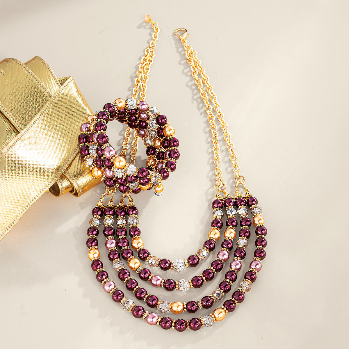 Murano Glass Maroon & Gold Pearl Multi-Layered Necklace (Preorder)