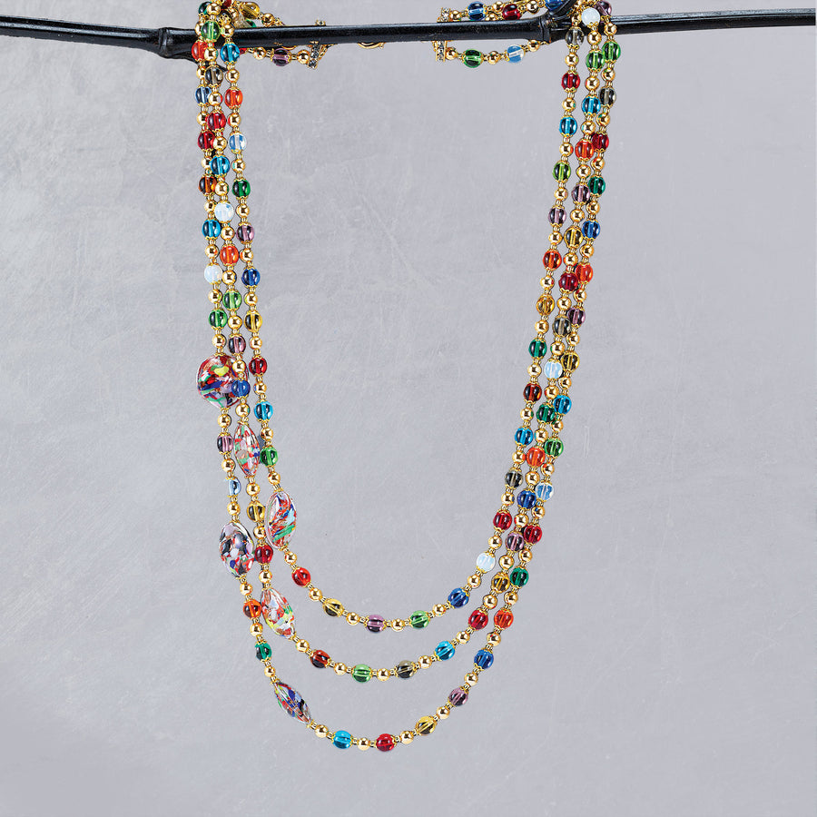 Murano Glass Rainbow Waterfall Triple Strand Necklace