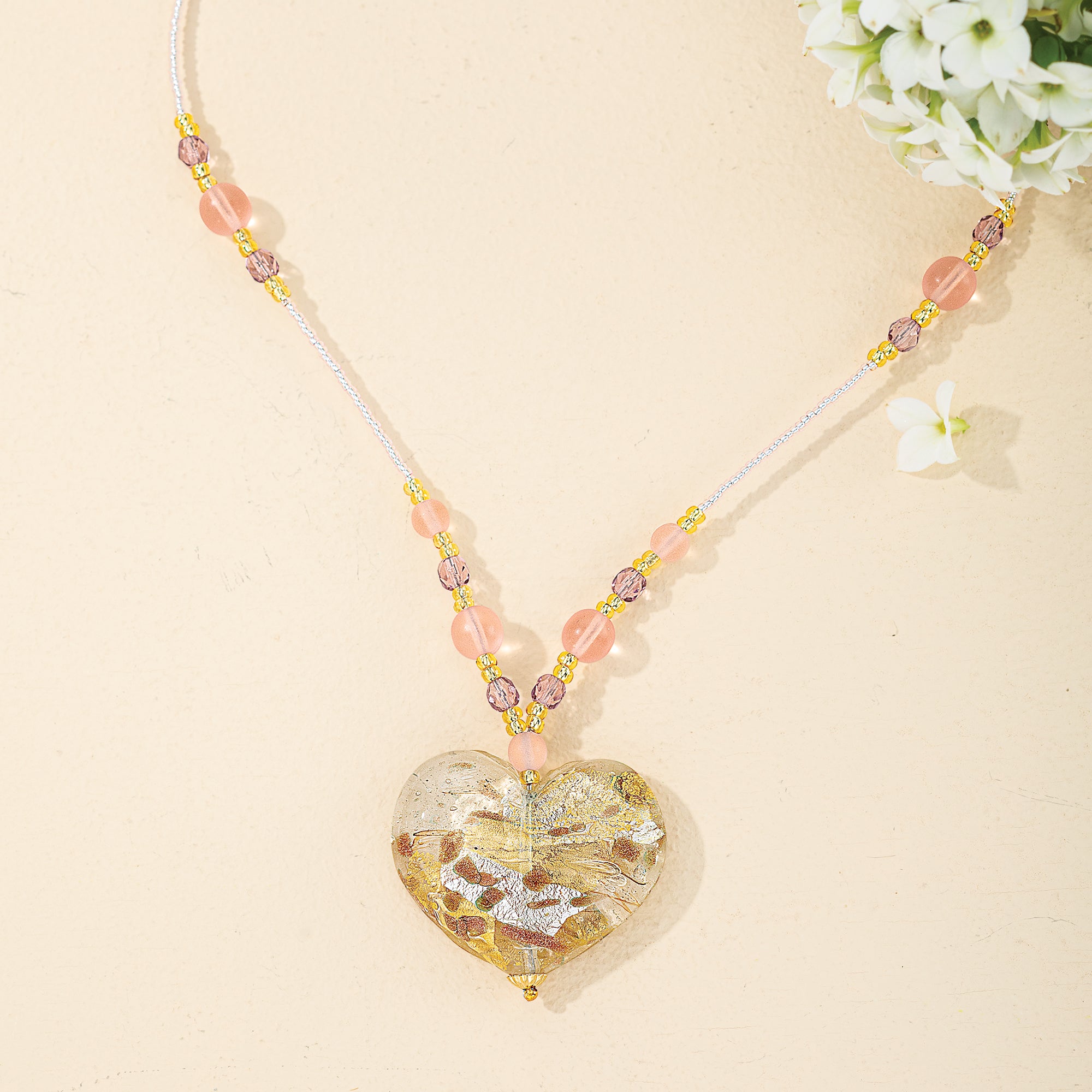 Murano Glass Pale Pink & Gold Foil Heart Necklace