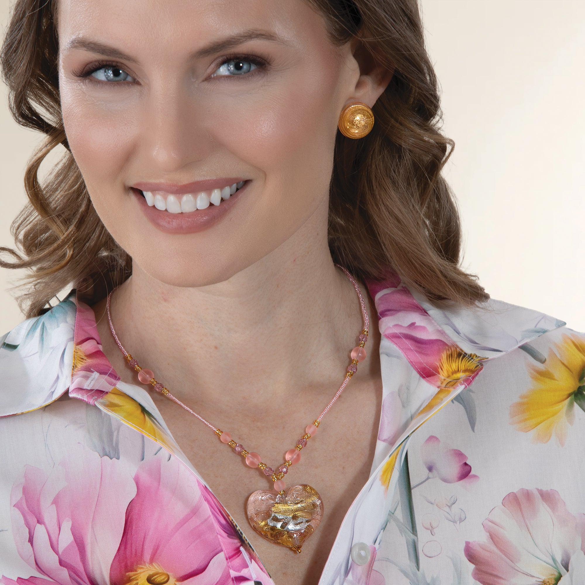 Murano Glass Pale Pink & Gold Foil Heart Necklace