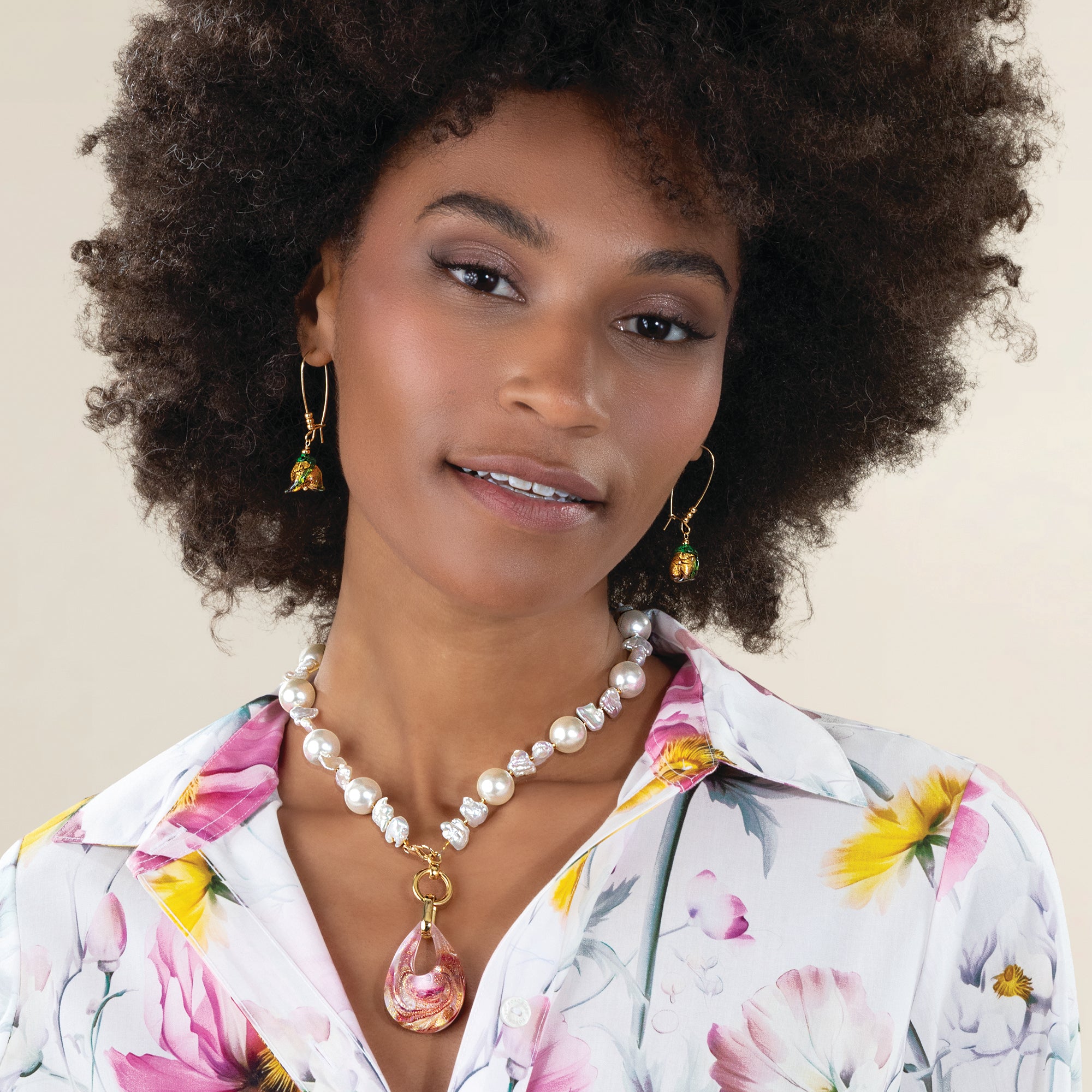 Murano Glass Rosewater Pendant & Freshwater Pearl Necklace