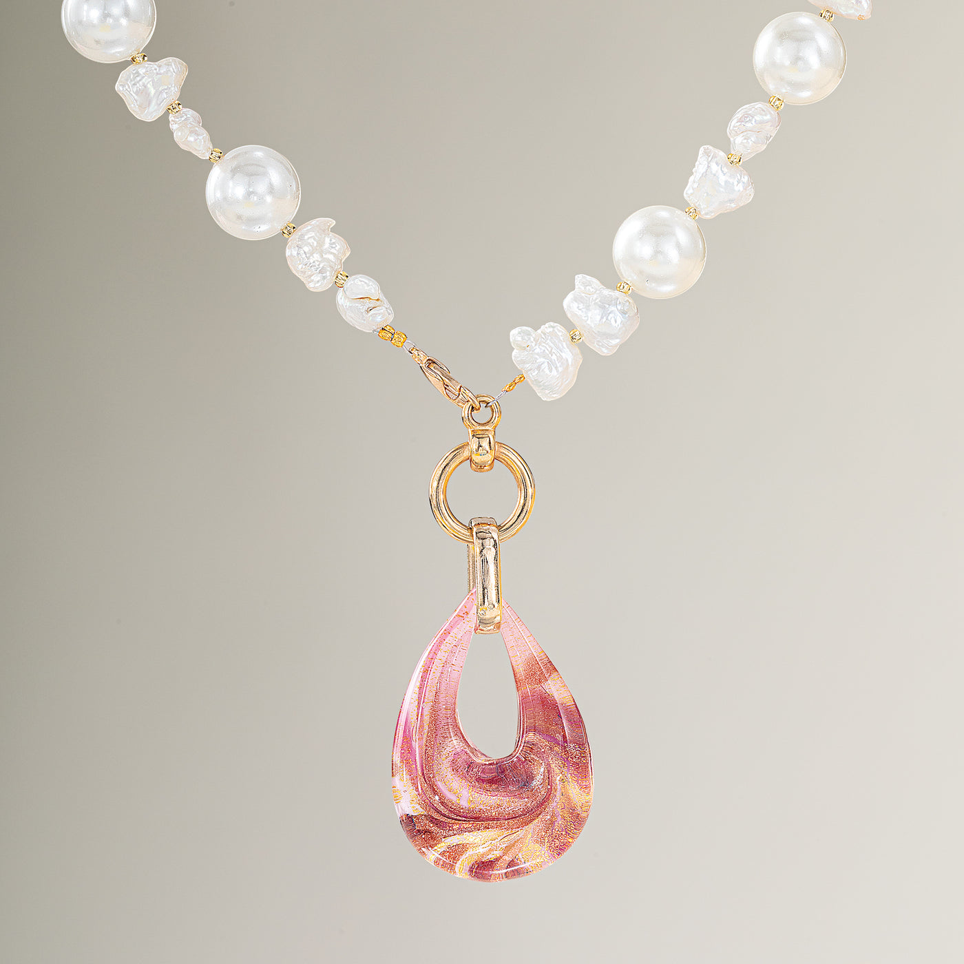 Murano Glass Rosewater Pendant & Freshwater Pearl Necklace