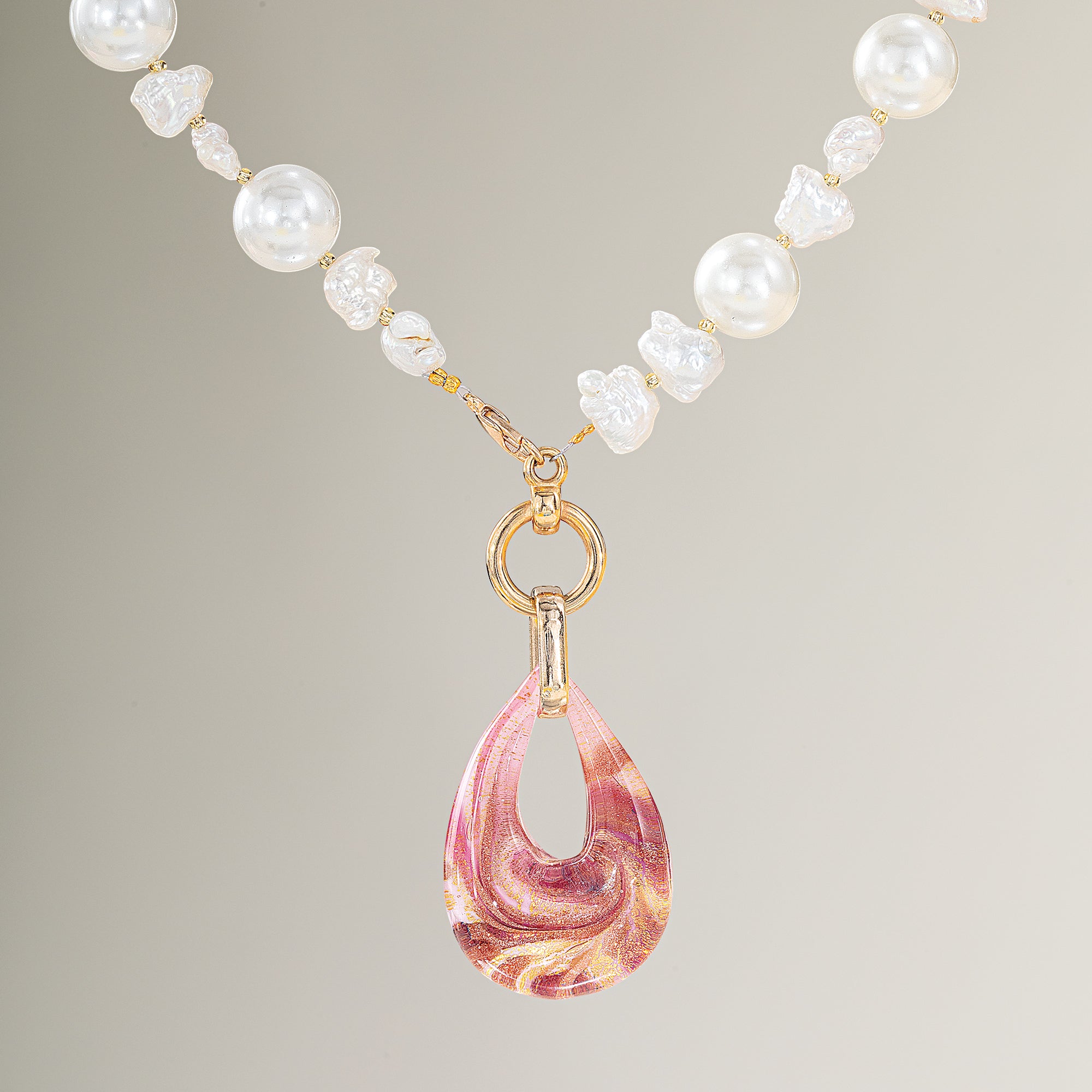 Murano Glass Rosewater Pendant & Freshwater Pearl Necklace