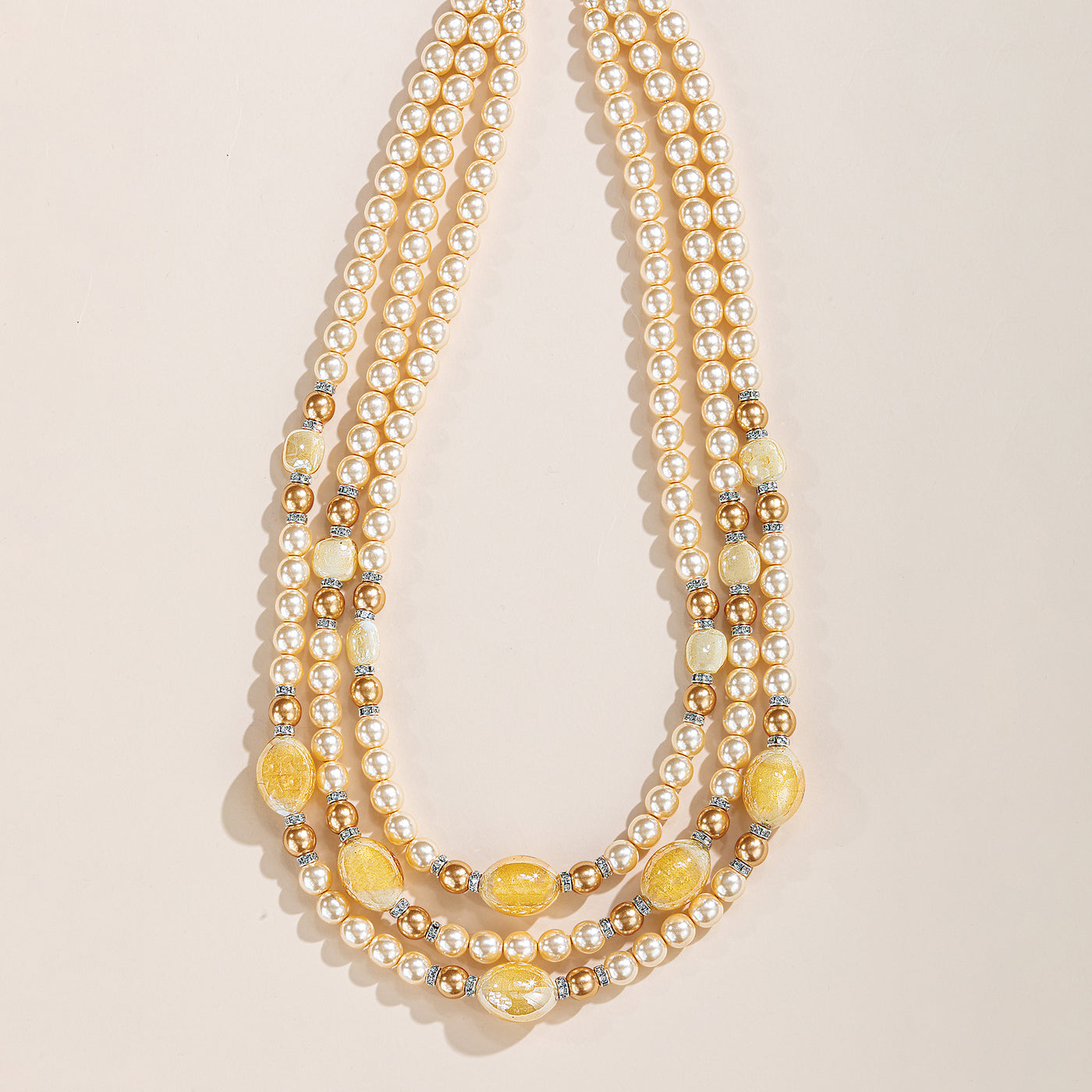 Murano Glass Triple Strand White & Gold Glass Pearl Necklace