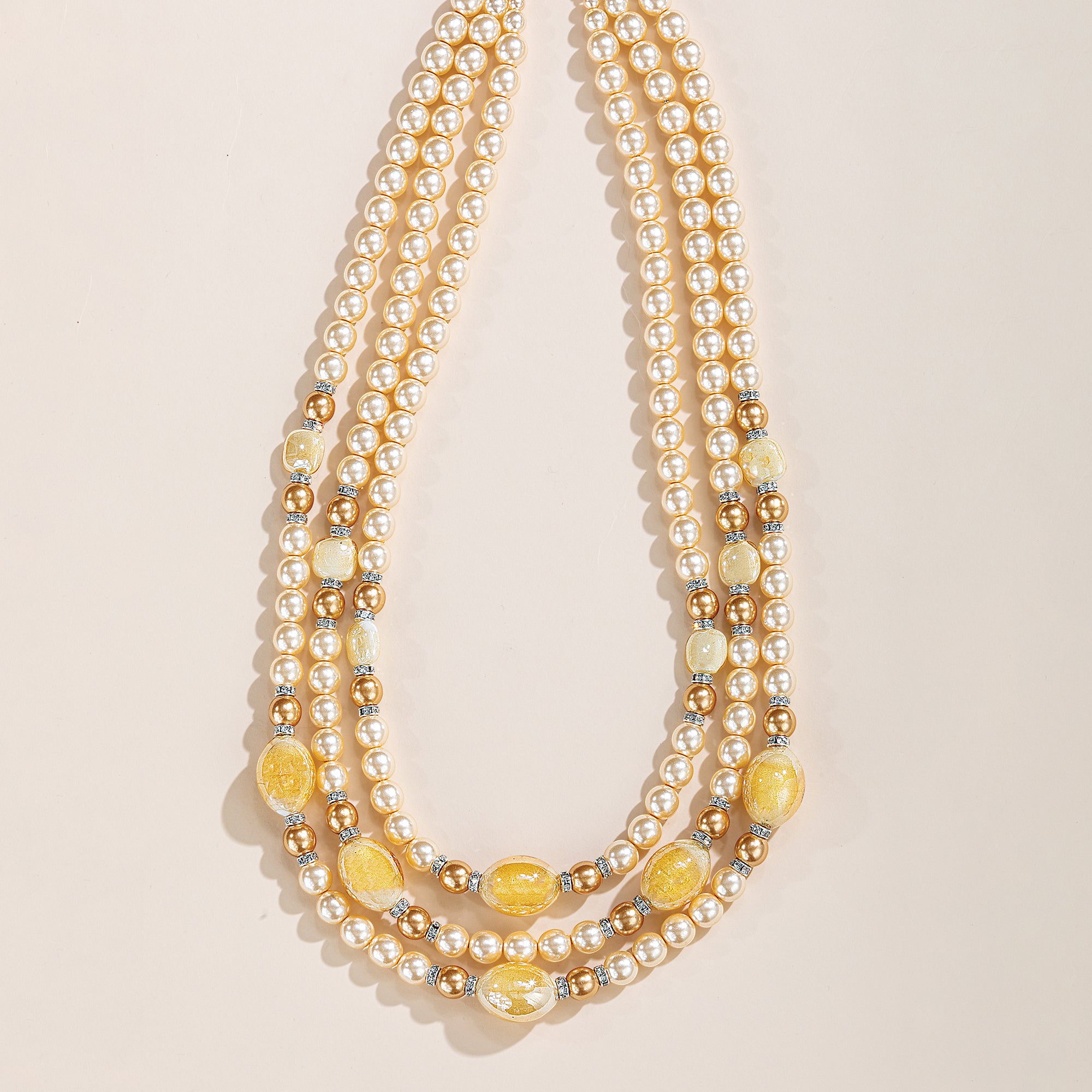 Murano Glass Triple Strand White & Gold Glass Pearl Necklace