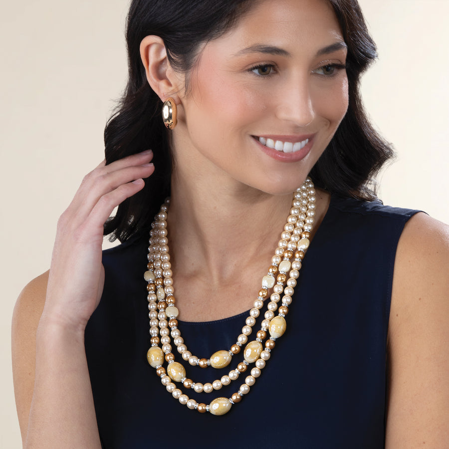 Murano Glass Triple Strand White & Gold Glass Pearl Necklace