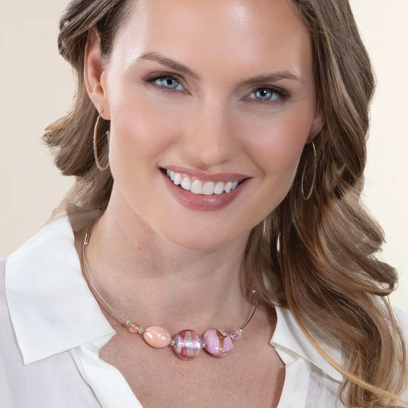 Murano Glass Pink & Silver Beaded Collar Necklace