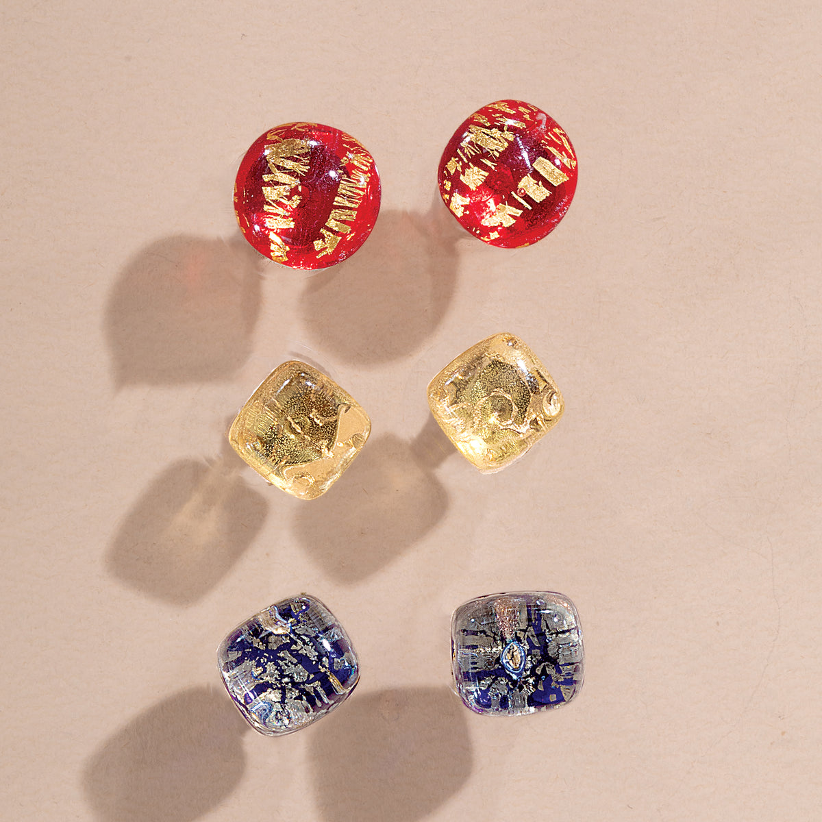 Murano Glass Round & Square Earrings, Set of 3