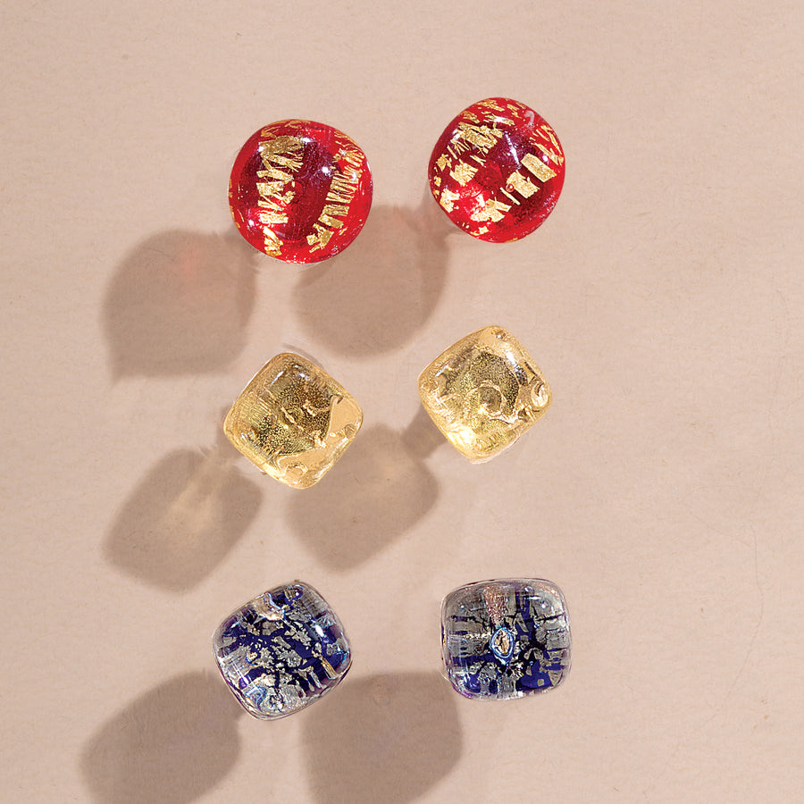Murano Glass Round & Square Earrings, Set of 3