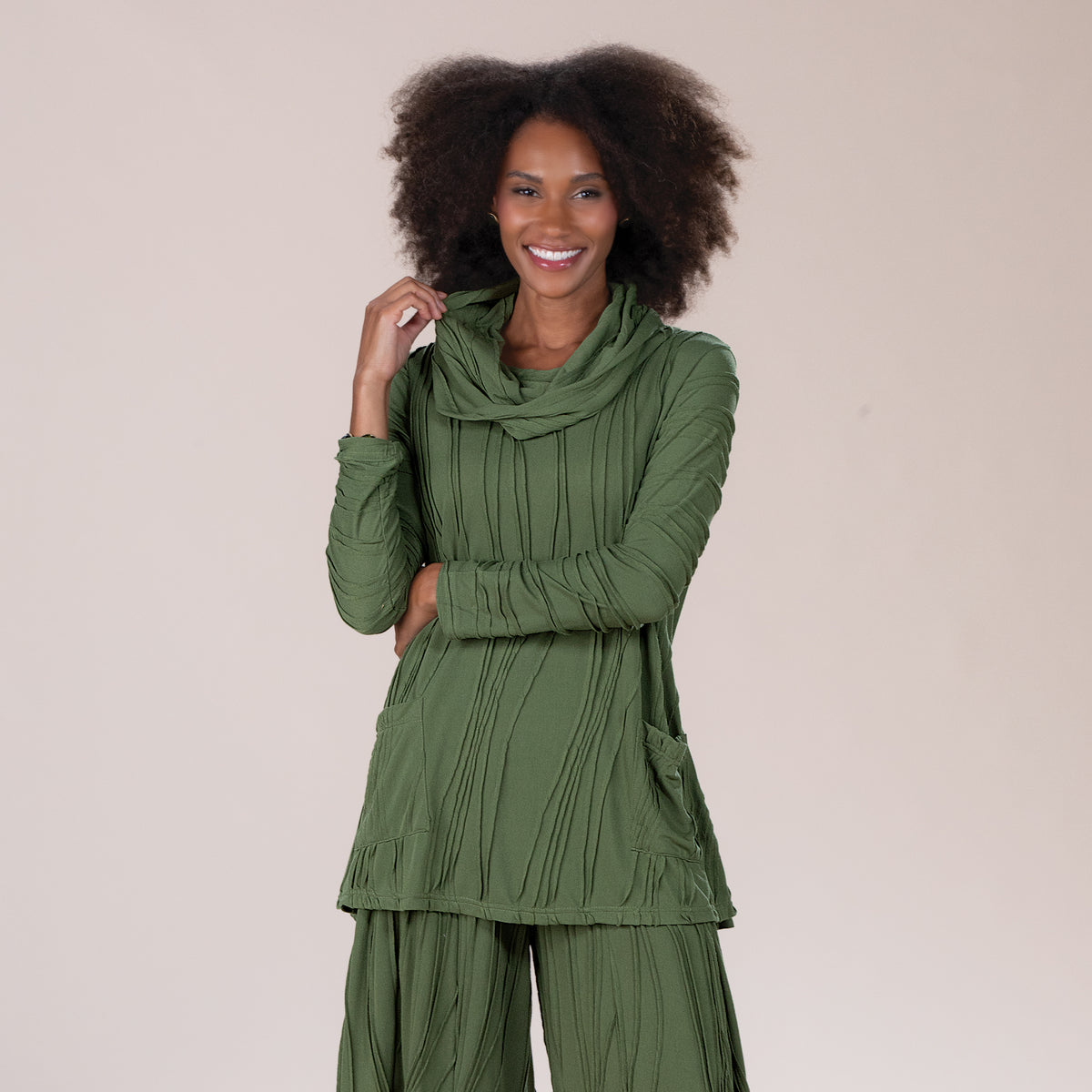 Boho Chic Olive Stitched Cowl Neck Tunic