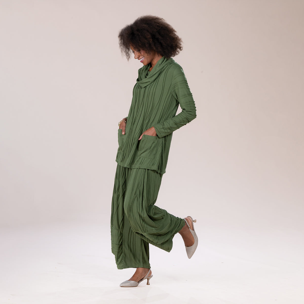 Boho Chic Olive Stitched Cowl Neck Tunic