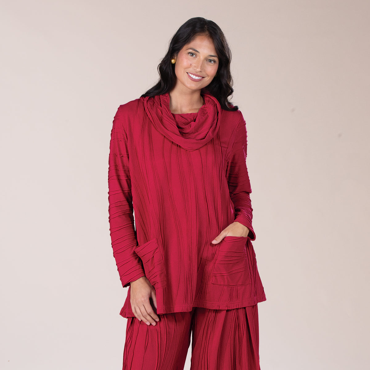 Boho Chic Berry Stitched Cowl Neck Tunic