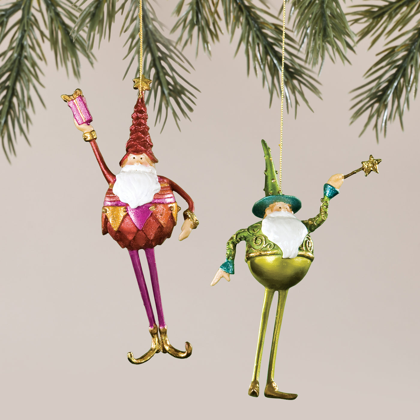 Long Whimsical Santa Christmas Ornaments Set of 2