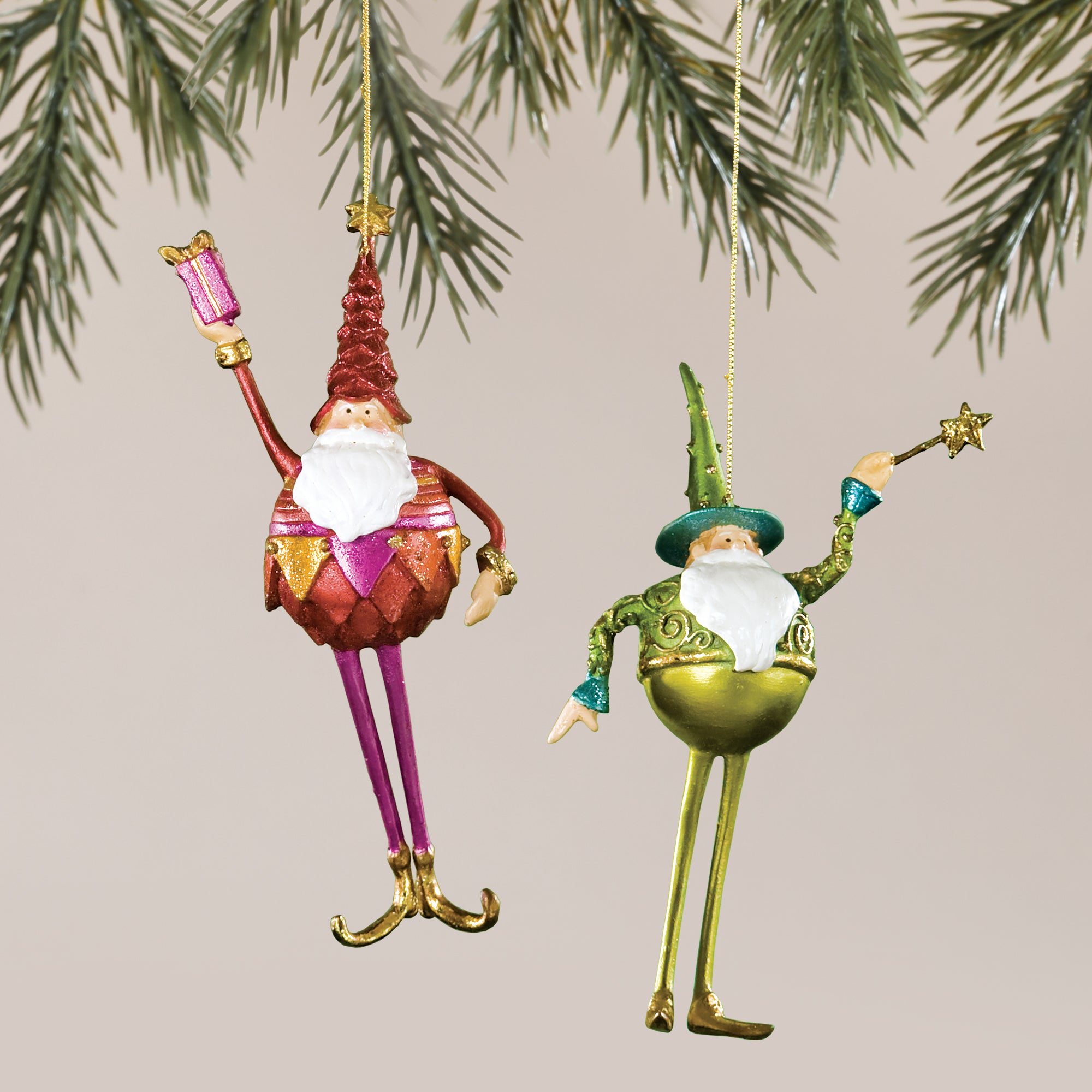 Long Whimsical Santa Christmas Ornaments Set of 2