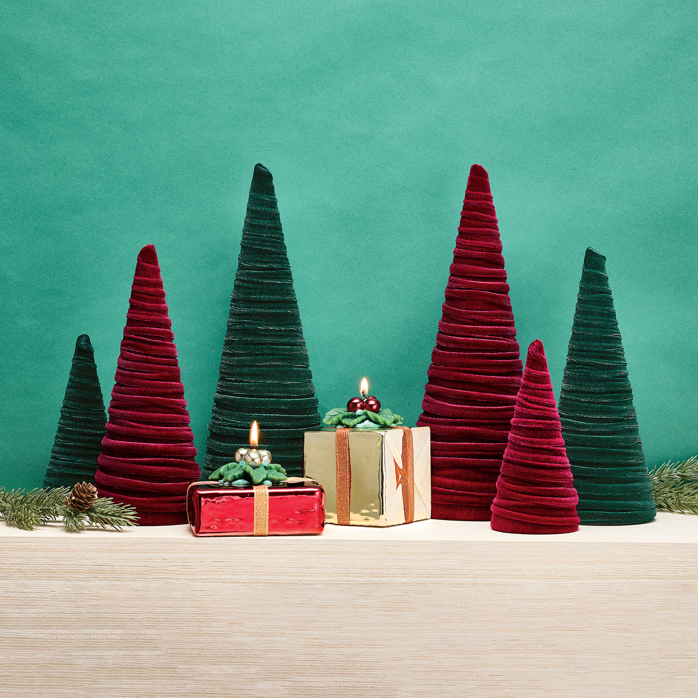 Hand-Cut Lush Emerald Velvet Trees Set of 3 | Uno Alla Volta