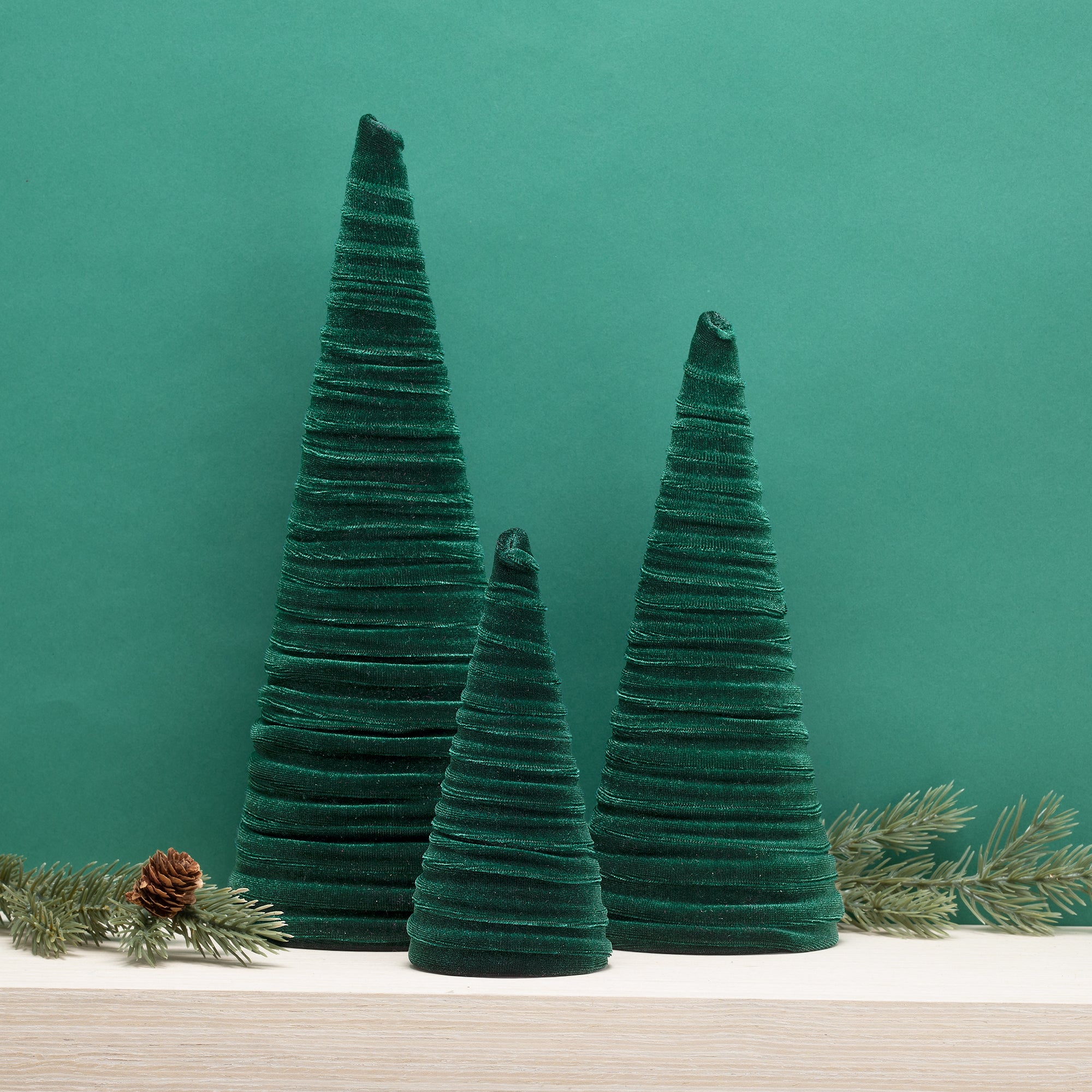 Hand-Cut Lush Emerald Velvet Trees Set of 3