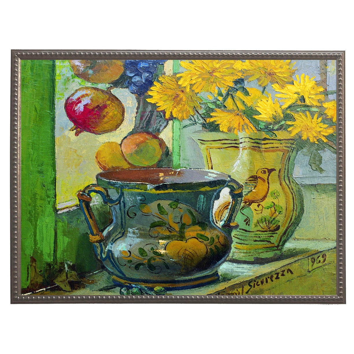 Vintage Yellow Floral Still Life Art in Gold Beaded Wood Frame