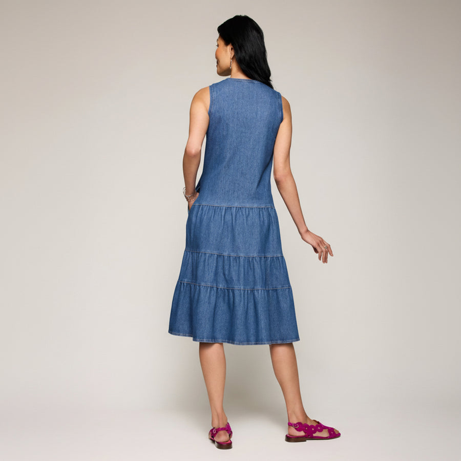 Dream Knit Denim Tiered Dress - Medium Indigo
