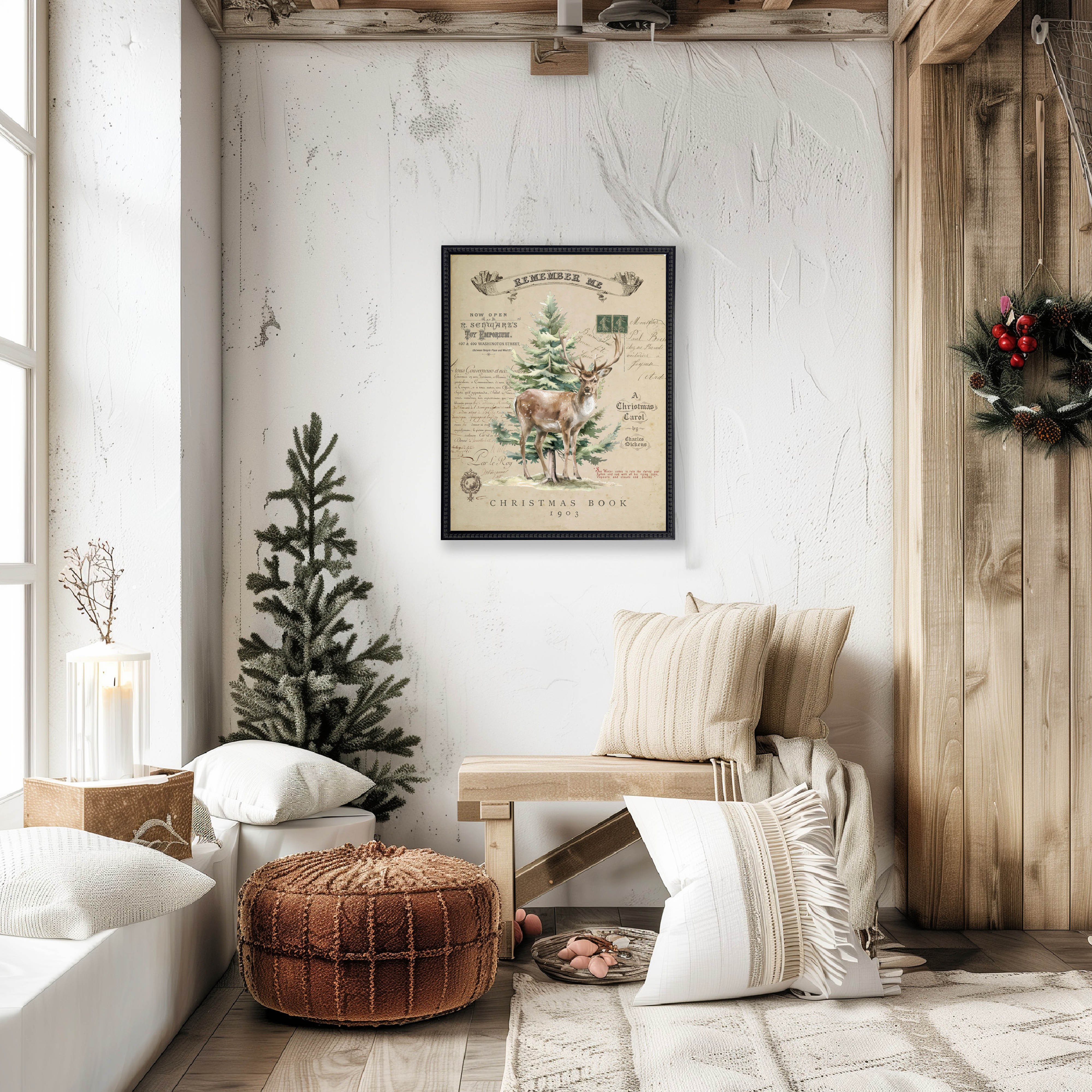 Vintage Painting of a Buck and Tree on a distressed bookplate background (19"x25")