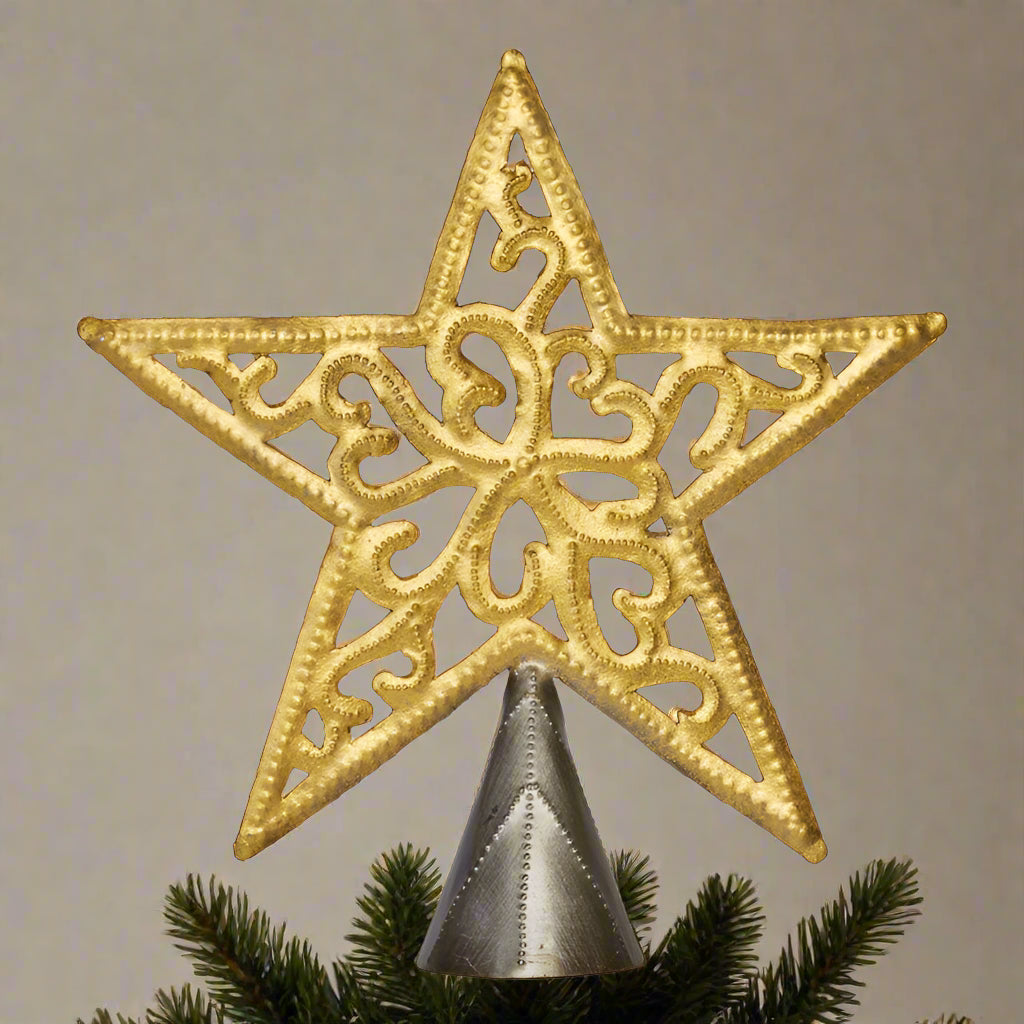 Handcrafted Gold Star Tree Topper – Recycled Steel Holiday Decor, 9.5"