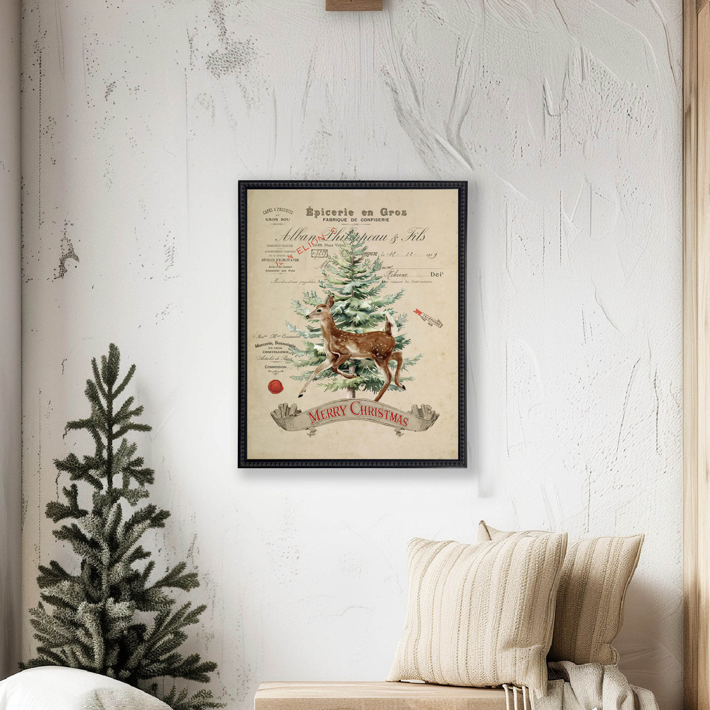 Vintage Painting of Deer and Tree on a distressed bookplate background (19"x25")