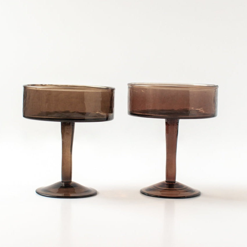 Handblown Hammered Recycled Glass Coupe, Smoke Set of 4