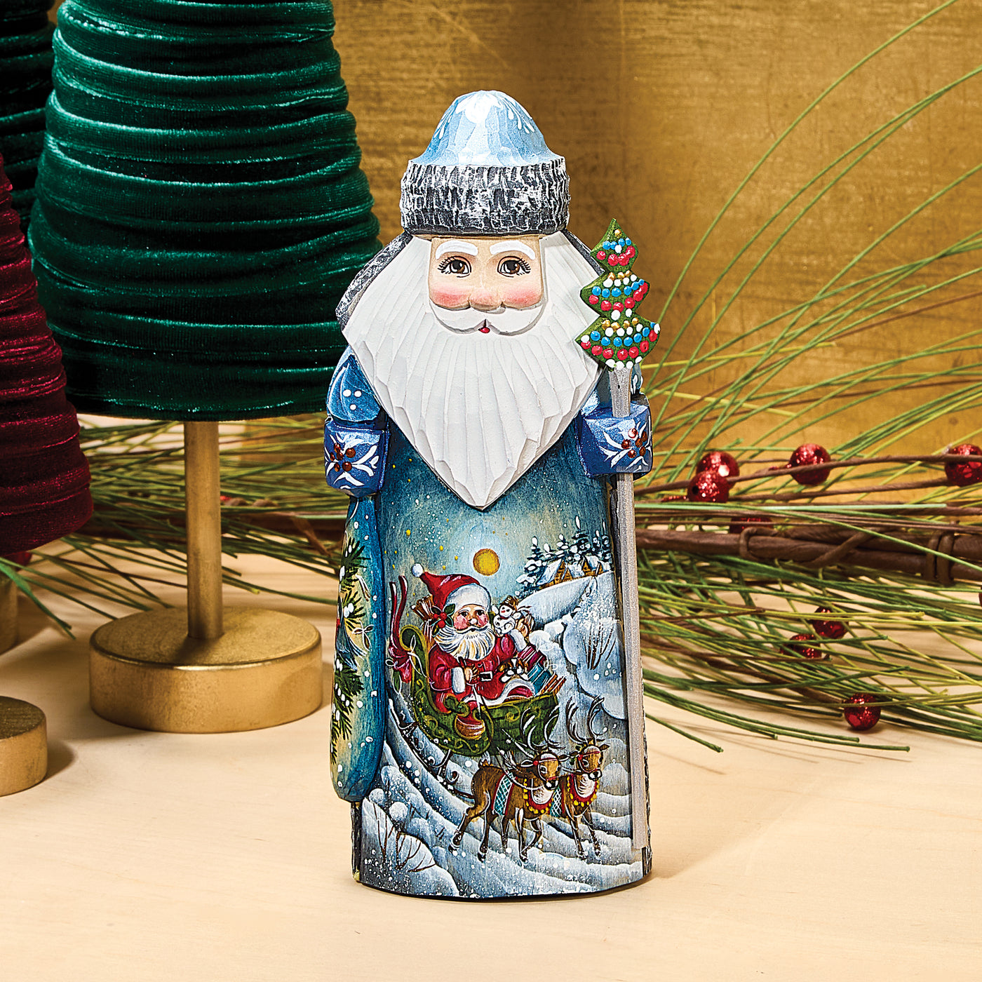 Hand-Carved Russian Blue Santa Scene Figurine