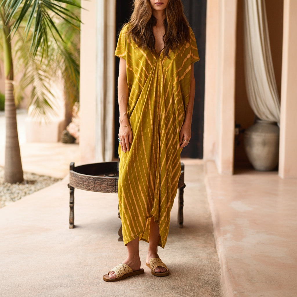 Madella Hand Dyed Kaftan Dress in Lemongrass