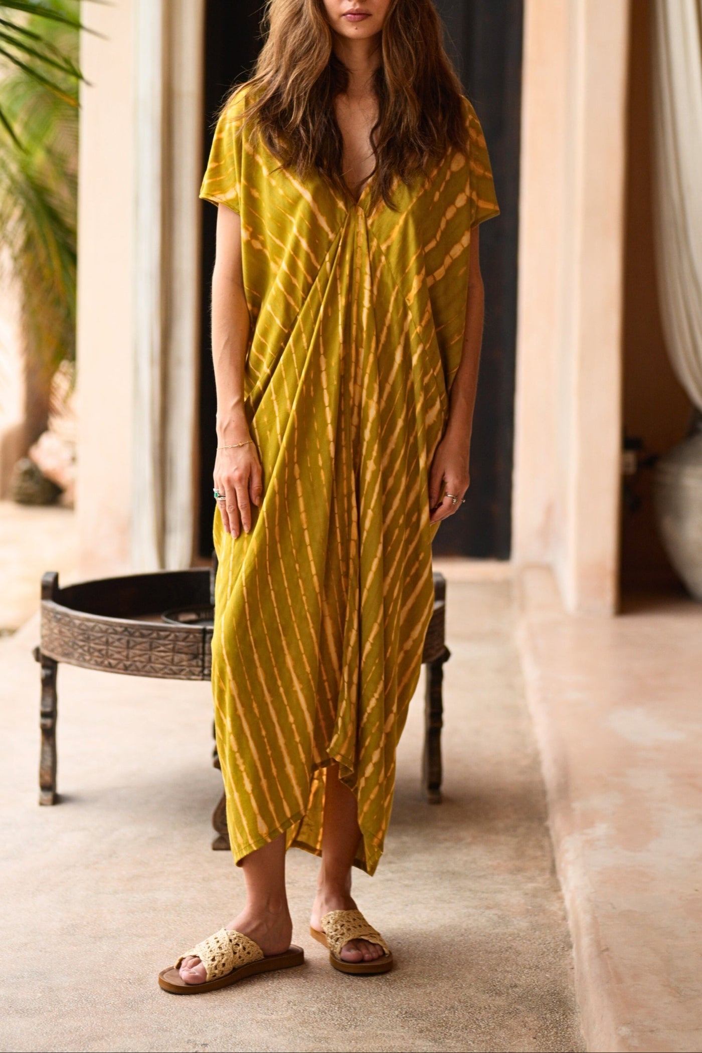 Madella Hand Dyed Kaftan Dress in Lemongrass