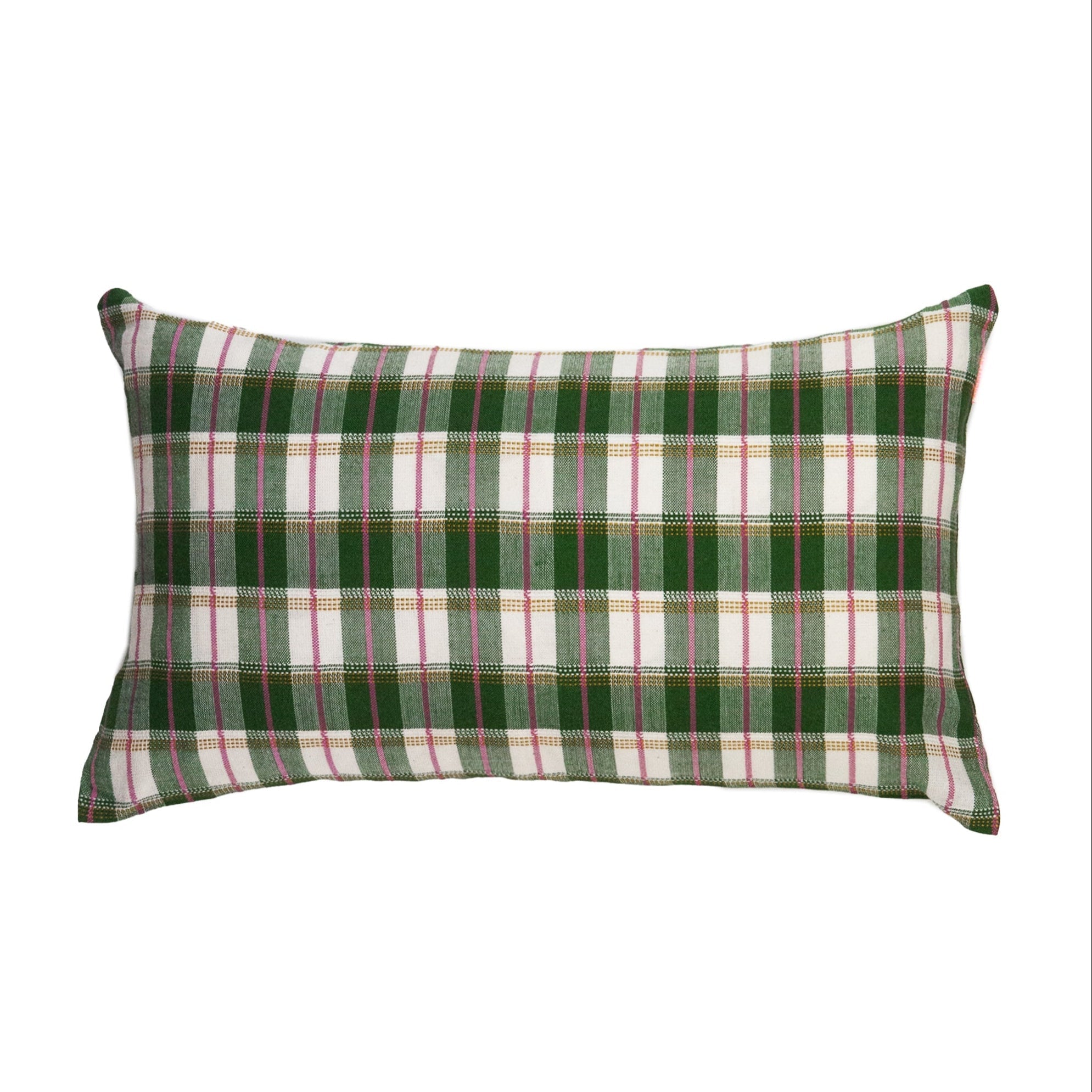 Archive NY San Andres Handwoven Gingham Green Lumbar Pillow, 12"x20"