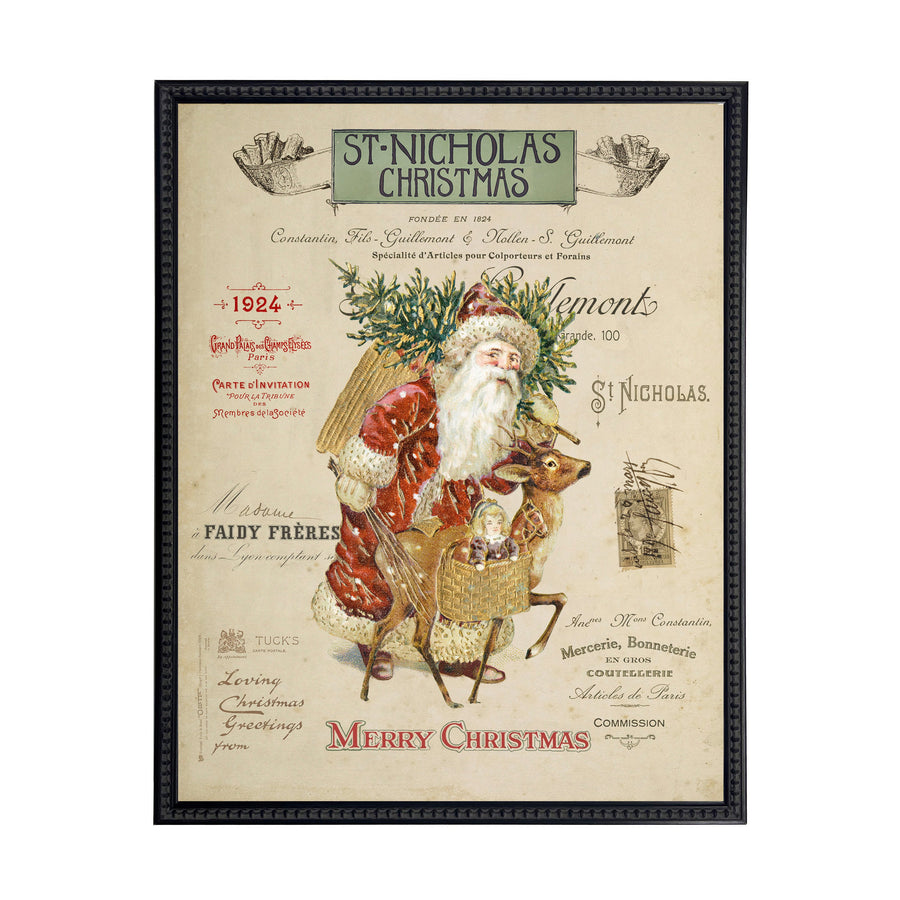 Vintage Painting of Santa on a distressed bookplate background (19"x25")