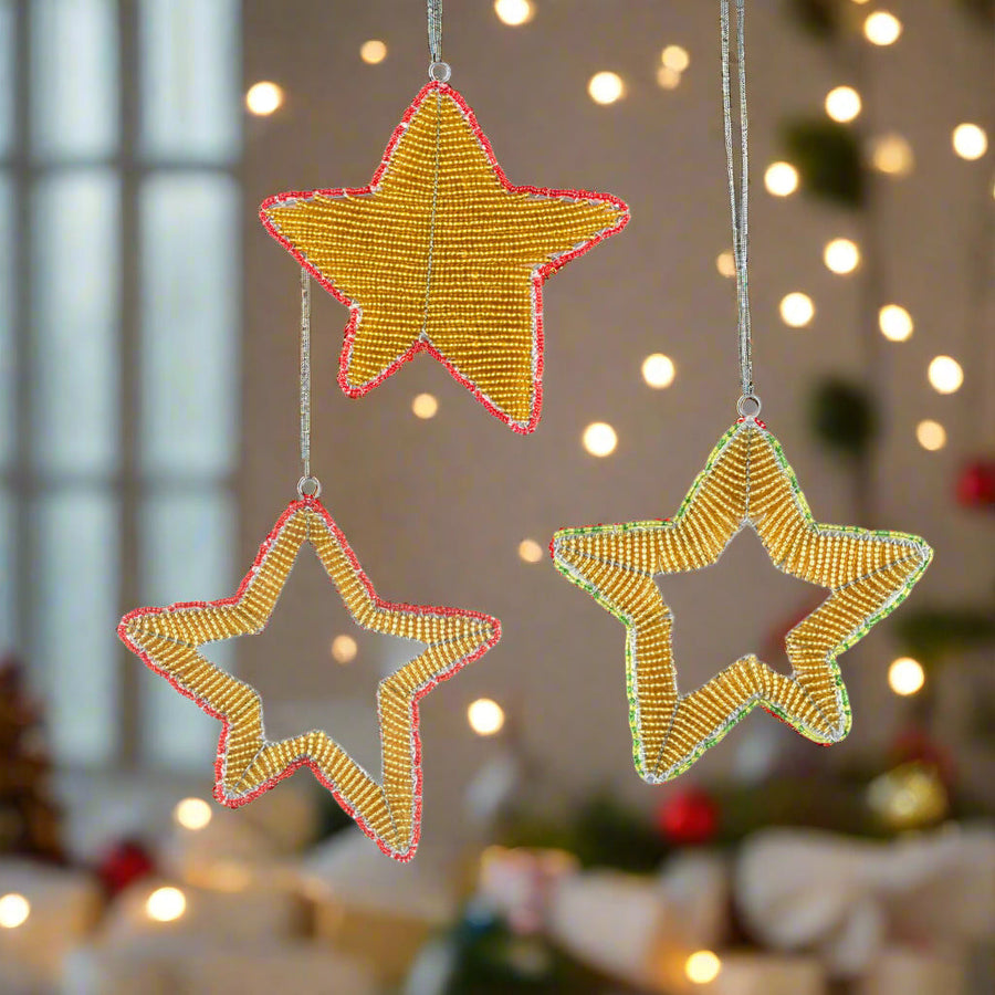 Handmade Beaded Celestial Star Ornaments (Set of 3)