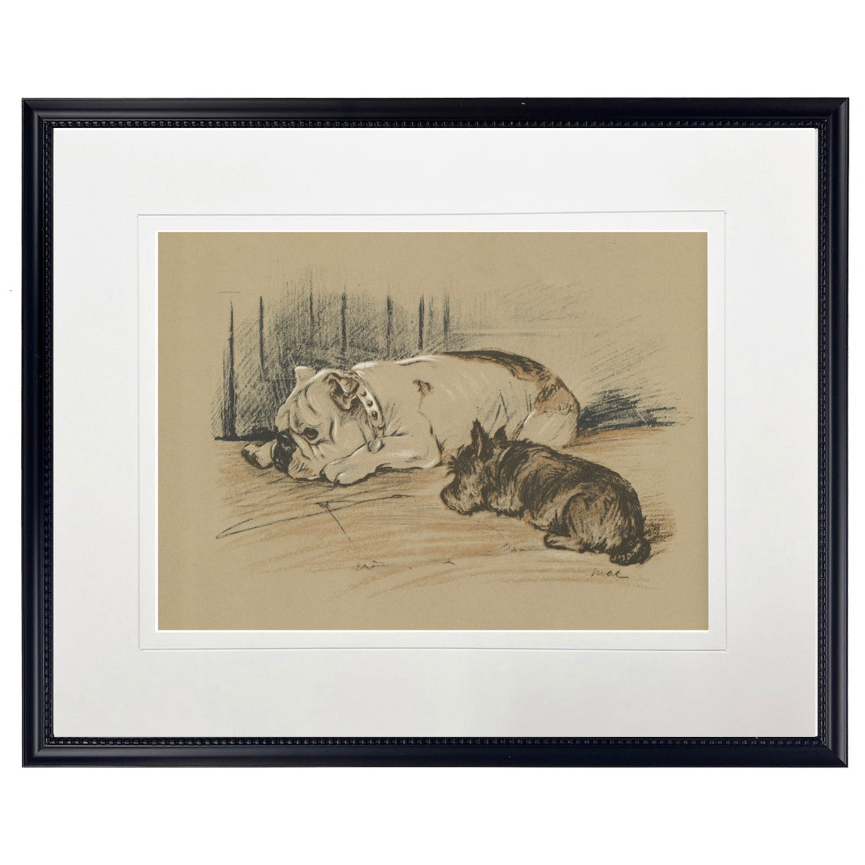 Vintage Sleeping Dogs Art Print in Black Wood Frame (20" x 16")