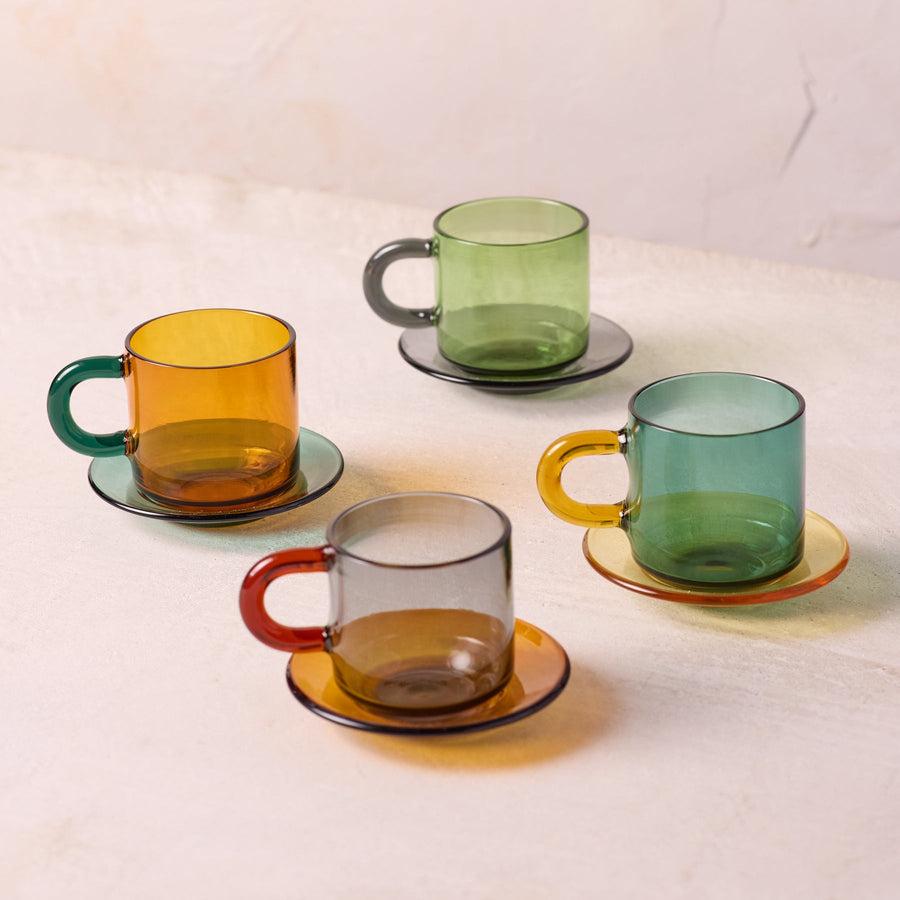 Jewel-Toned Glass Espresso Cup & Saucer, Set of 4
