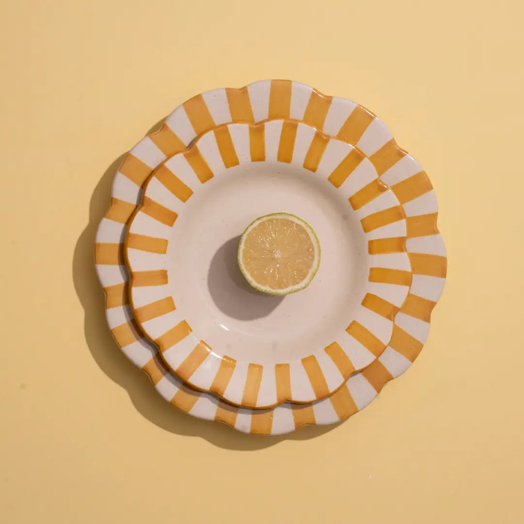 Handmade Ceramic Stripe Salad Plate, Yellow 8.25" Set of 4