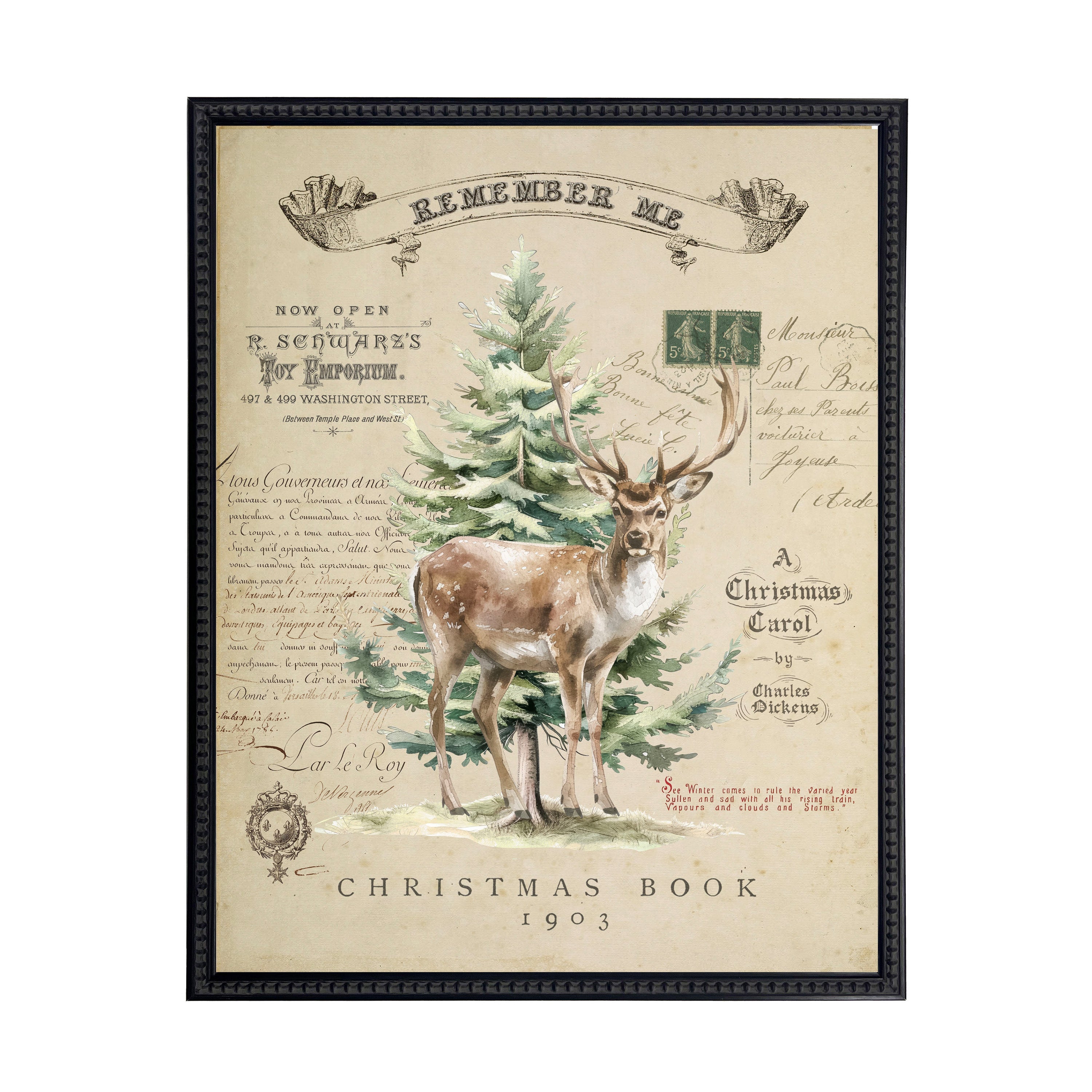Vintage Painting of a Buck and Tree on a distressed bookplate background (19"x25")