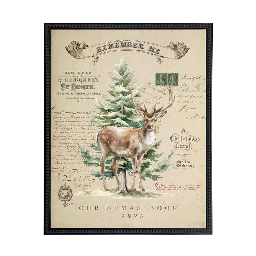 Vintage Painting of a Buck and Tree on a distressed bookplate background (19"x25")