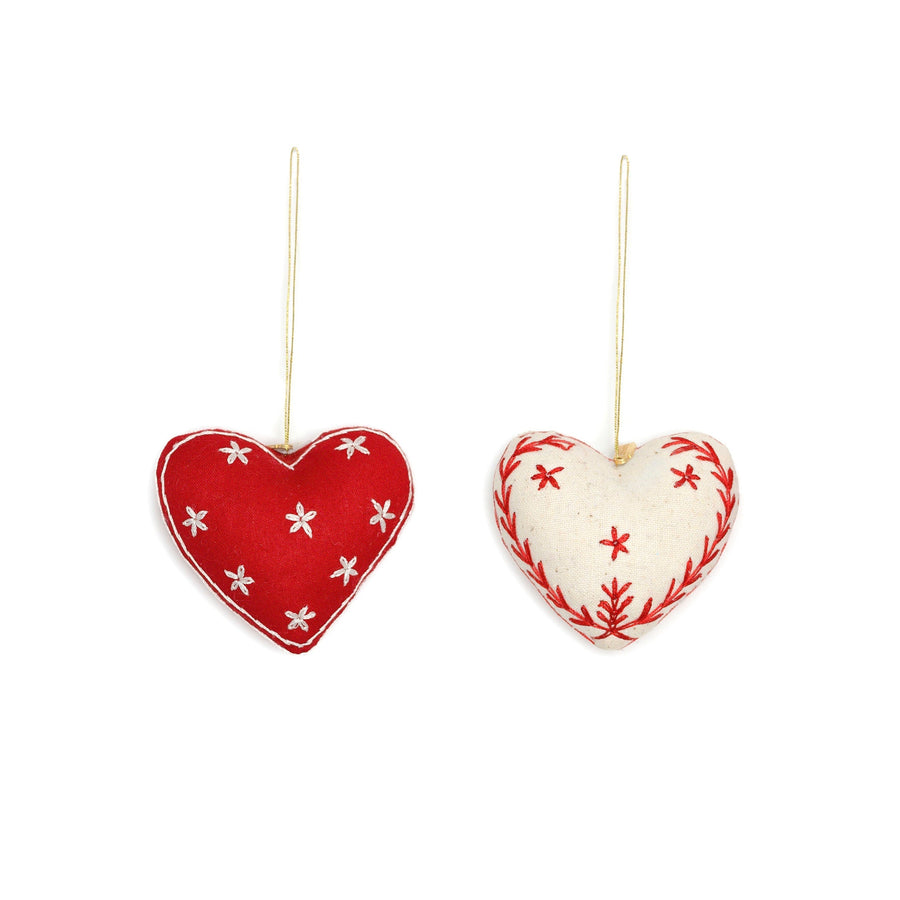 Hand-made Embroidered Heart Ornaments Set of 2