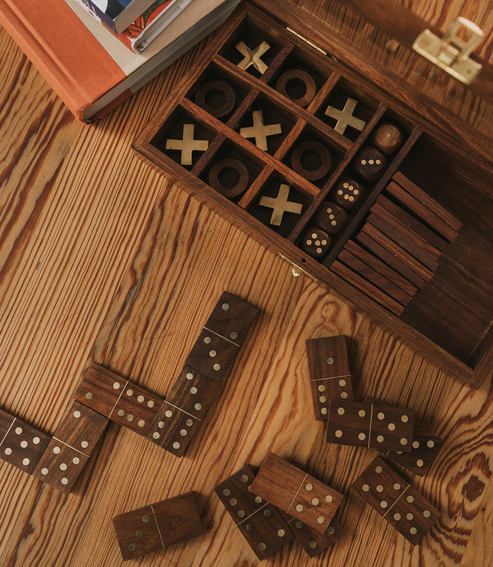 Handcrafted Rosewood 3-in-1 Game Set – Tic-Tac-Toe, Dominoes & Dice