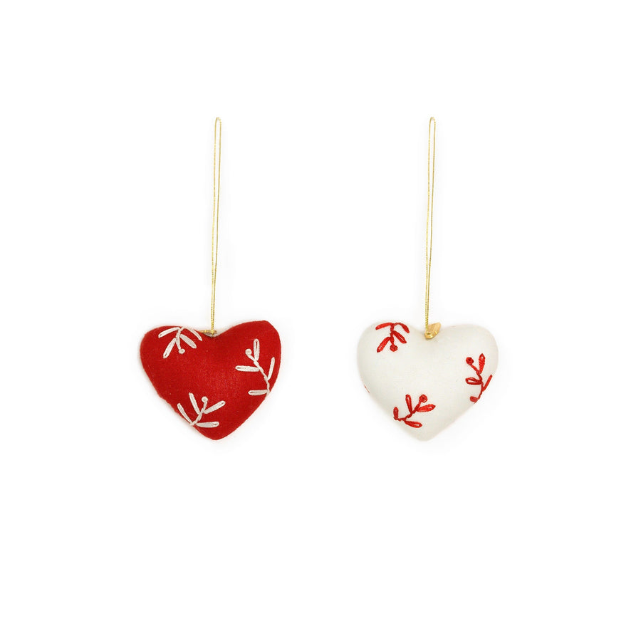 Hand-made Embroidered Heart Ornaments – Set of 2