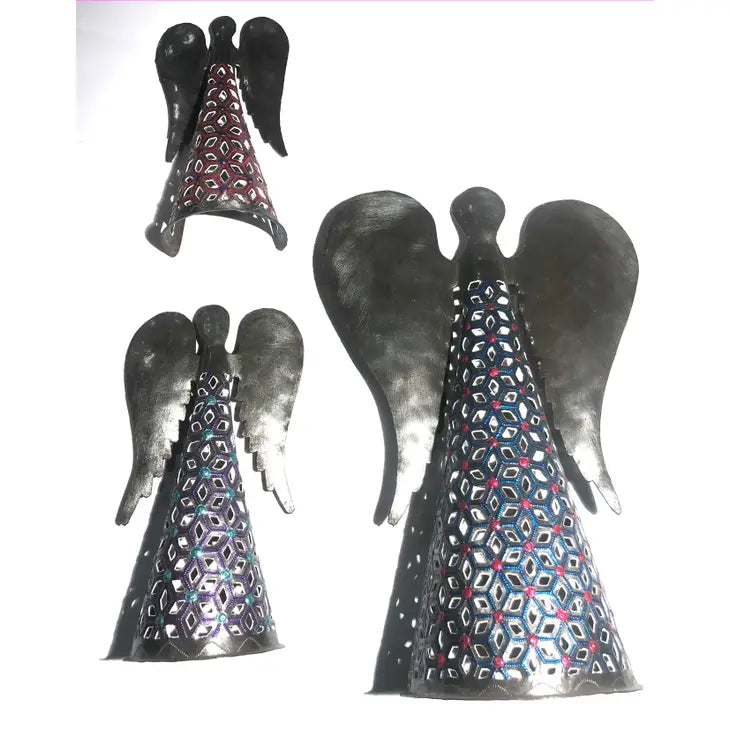 Handcrafted Painted Steel Angel Figurine Set (Set of 3)