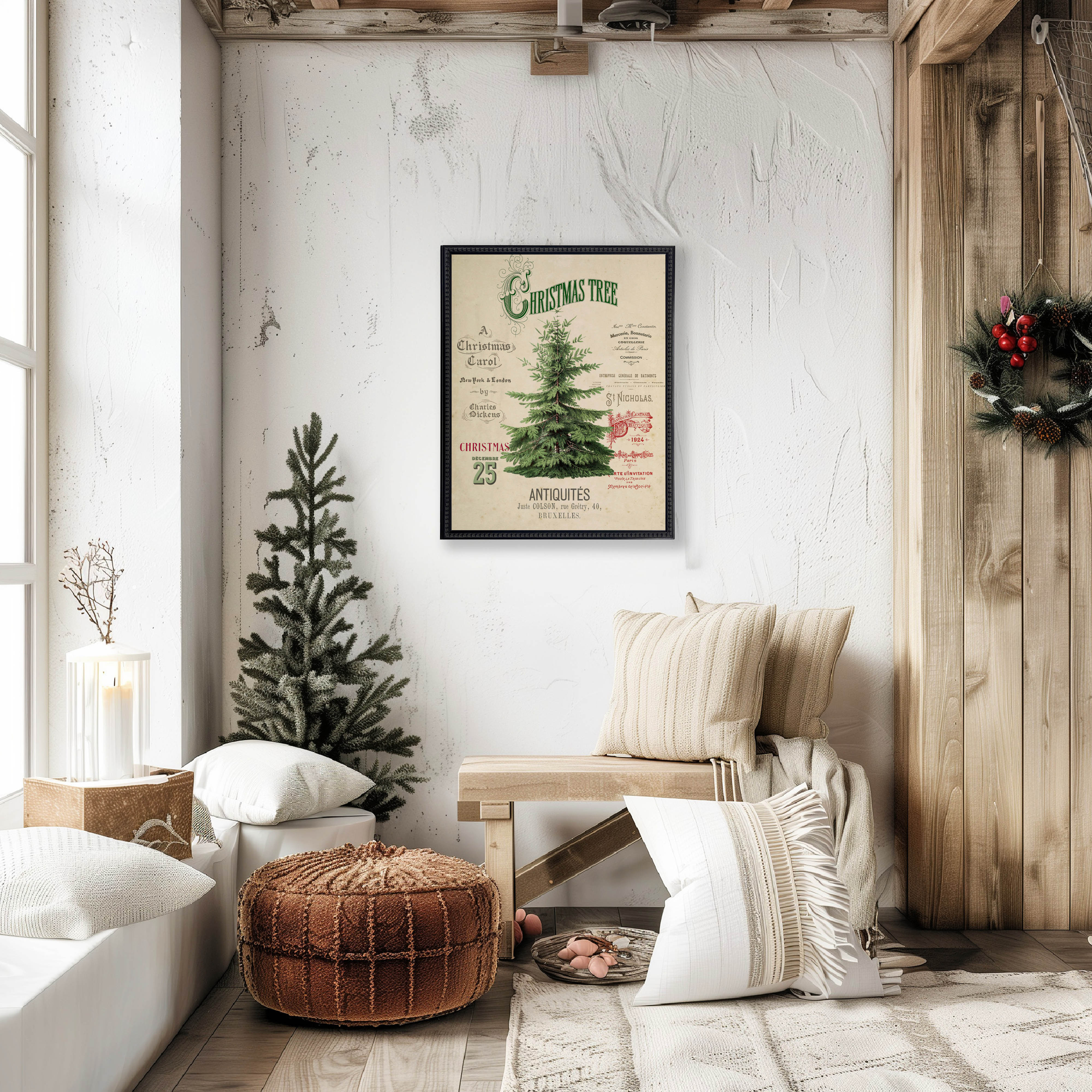 Vintage Painting of a Christmas Tree on a distressed bookplate background (19"x25")