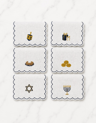 Hanukkah Embroidered Linen Cocktail Napkins, Set of 6