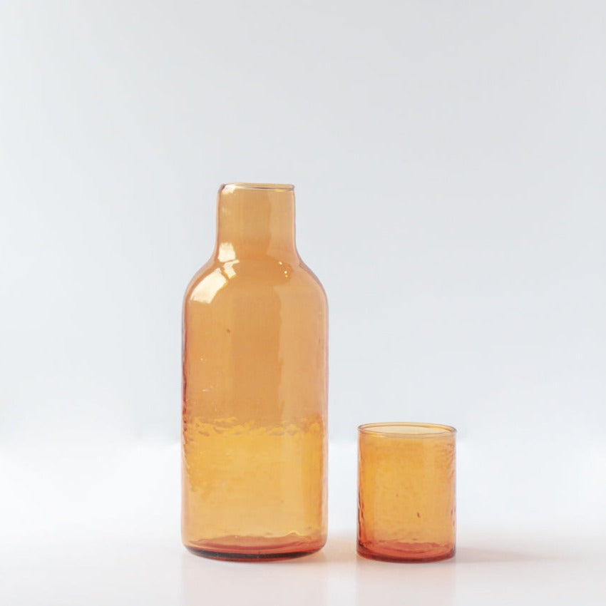 Handblown Recycled Glass Carafe & Drinking Glass Set, Amber